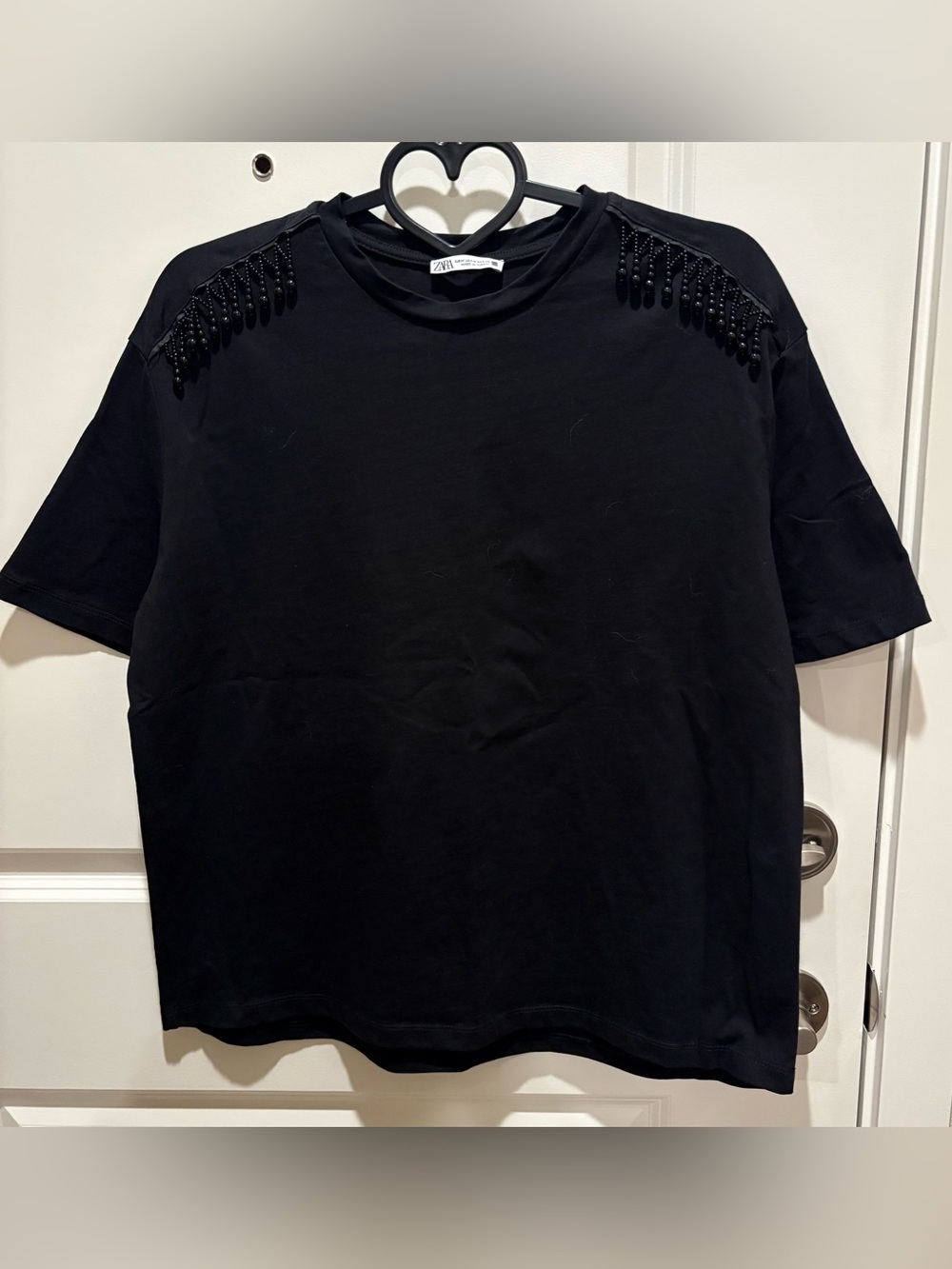 Zara Black Short-Sleeve Tee with Beaded Shoulder Detail